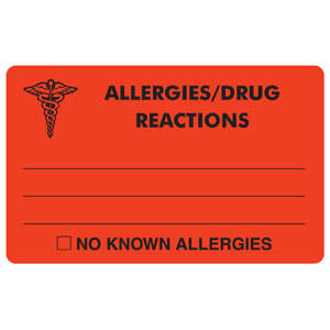 4"W x 2-1/2"H Fluorescent Red Allergy Labels "Allergy/Drug Reactions No Known Allergies" (100/Roll) - MAP327