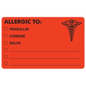 4"W x 2-1/2"H Fluorescent Red Allergy Labels "Allergic To: Penicillin/Sulfa" (100/Roll) - MAP488