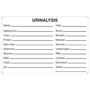 4"W x 2-5/8"H White "URINALYSIS NAME:__ DATE:__ APPEARANCE:__ BLOOD:_, Ect."(240/Roll) - V-AN415